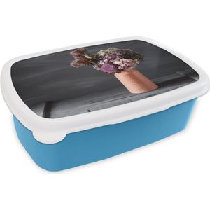 Broodtrommel Blauw - Lunchbox - Brooddoos - Stilleven - Droogbloemen - Vaas - 18x12x6 cm - Kinderen - Jongen