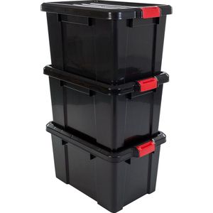 Opbergdozen met clipsluiting - 50L - Set van 3 - Stapelbaar - Nestbaar - BPA-vrij - Zwart