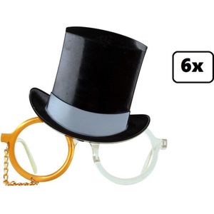 6x Bril monocle met hoge hoed goud - Themafeest festival verjaardag party fun bril