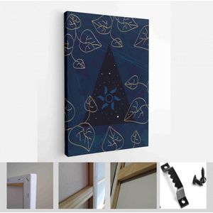 Abstracte compositiekunst met naakt vrouwelijk silhouet en botanische bladeren op donkerblauwe achtergrond - Modern Art Canvas - Verticaal - 1979802803