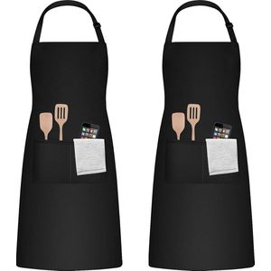 Set van 2 schorten, zwart, verstelbaar katoenen linnen kookschort, verstelbaar keukenschort met zakken voor koken of bakken voor mannen en vrouwen, zwart