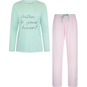 Gaubert Essential Dames Pyjama Lange Mouw - Broek met Zakken - Premium Gekamd Katoen - Listen to your Heart - Mintgroen - Maat S - GB-2802