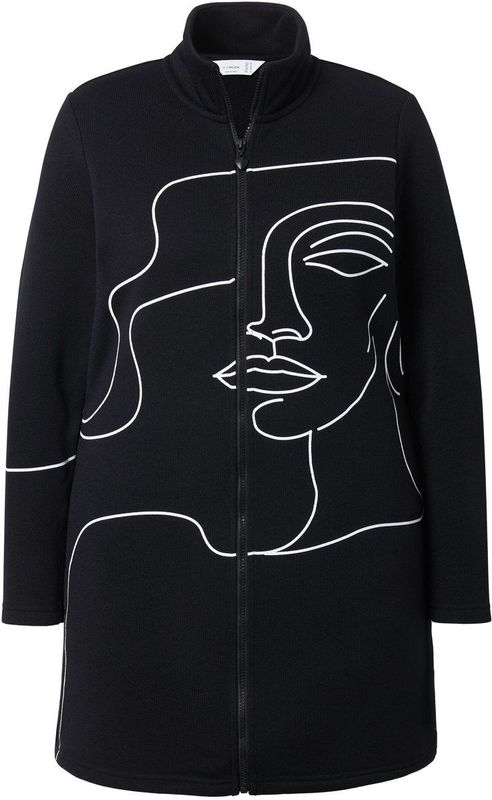 MIAMODA MIAMODA - Dames - Gebreide fleece jas licht getailleerd Lady-print - Zwart - Maat 42