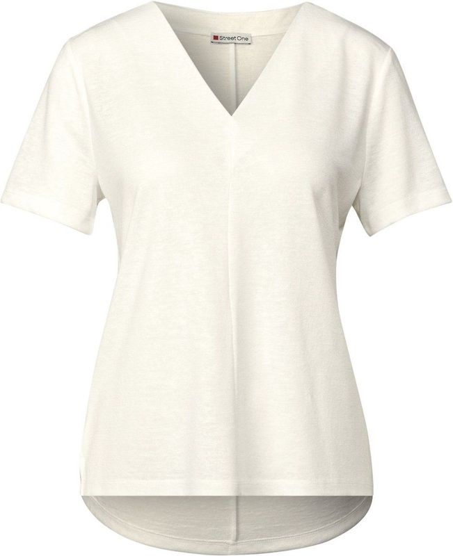 Street One - Damesshirt - Off-white - V-hals - Korte Mouwen, Zomerse Linnenlook