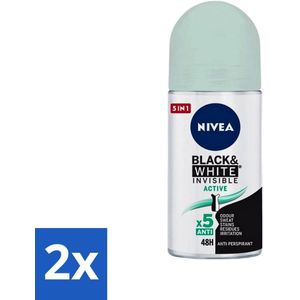 2 x Nivea - Deodorant - Roller - Black & White Invisible - Active - 50 ml - NIVEA MEN Deodorant - Anti-transpirant - 48 Uur Bescherming - Invisible Active - Witte Strepen