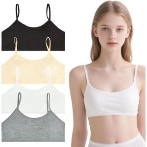 4-pack meisjes beha met vaste bustevulling en verstelbare band, katoenen trainingsbeha voor tienermeisjes 8-14 jaar, comfortabele trainingstopjes.