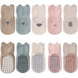 Baby Sokken met Antislip - ABS Katoenen Leren Sokken met Dieren Motief - Trainersokken voor Kruipende Peuters - Voor Baby's en Peuters - Babysokken - Wit -1-3 jaar oud - 5 Stuks