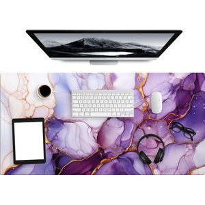 Bureau onderlegger 100x50 cm - Marmer print - Paars - Lila - Goud - Muismat XXL - Bureau mat - Muismatten groot