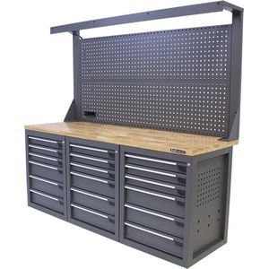 Kraftmeister werkbank 200 cm - Werktafel met gereedschapwand, 18 laden en eiken werkblad - Grijs