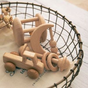 Kraamcadeau - Baby Cadeau- Bijtring & Rammelaar Set - Houten Baby Speelgoed Vrachtwagen