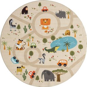 the carpet Vloerkleed Happy Life Kinderkamer, Kindertapijt, Speeltapijt, Afwasbaar, Straattapijt, Straat, Jungle, Dieren, Auto, Beige, 200 cm rond