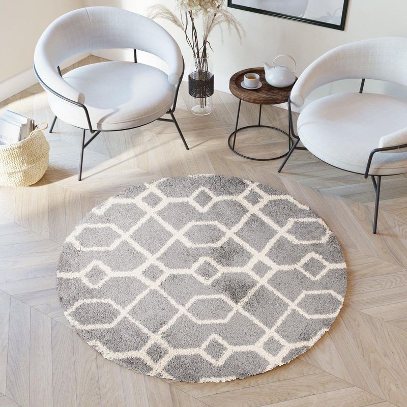 Tapiso Boho Vloerkleed Rond Grijs Beige Shaggy Bohemian Aztec Duurzaam Slaapkamer Woonkamer Hal Maat- 160x160