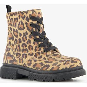 Stap suède meisjes veterboots met panterprint bruin - Maat 24 - Echt leer
