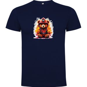 Donker Blauw T-Shirt met “Kleurrijke Brandweer TeddyBeer“ Print Full Color maat 104 / 3/4 jaar
