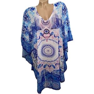 Kaftan - Tuniek half transparant -Vlinder Model - 82CM/85CM Onesize blauw