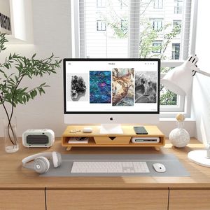 Monitorstandaard van hout Geen montage vereist Monitorstandaard met lade Prachtige verhoging voor het scherm op het bureau (bamboe)