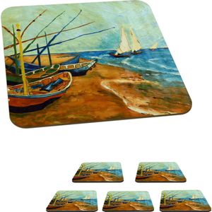 Onderzetters voor glazen - Vissersboten op het strand - Schilderij van Vincent van Gogh - 10x10 cm - Glasonderzetters - 6 stuks