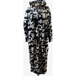 Dames Fleece Badjas extra lang 140CM met Ritssluiting en capuchon M zwart/wit