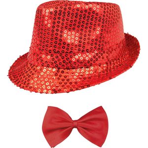 Toppers in concert - Carnaval verkleed set - hoedje en vlinderstrikje - rood - volwassenen - glitters