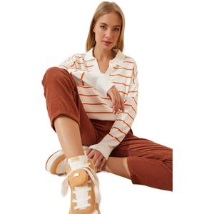 Happinessistanbul Zwart Ecru Gestreepte Seizoensgebreide Damessweater Met Col Bv00012