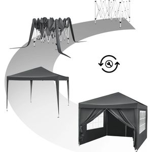 B.O.S. Waterdichte Partytent 3x3 meter opvouwbaar - Paviljoen met zijpanelen - Easy up - Grijs - Pop-up Tent met haringen - touw en anti slip poten
