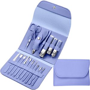 16-delige Pedicure, Manicure en Wenkbrauw Set - 3 Nagelknippers - Complete Pedicureset - Nagelschaar - Nagelvijl - Nageltang - Teennagelknipper - Kalknagel - Blauw