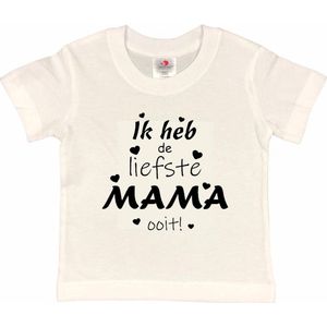 T-shirt Kinderen ""Ik heb de liefste mama ooit!"" Moederdag | korte mouw | Wit/zwart | maat 86/92 (XXS)