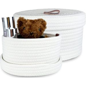Set van 2 ronde opbergmanden van katoenen touw - decoratieve geweven manden met leren handvat - wit (25 x 14 cm/21 x 125 cm)