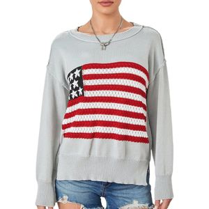 Vintage Oversized Trui met Amerikaanse Vlag voor Dames - Lange Mouwen en Ronde Hals