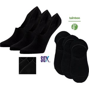 SOX Bamboe No-show Sneakersokken of Kousenvoetjes Zwart 3 PACK Multipack Unisex Maat 39/42 zonder teennaad met silicone op de hiel