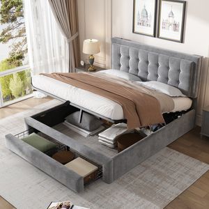 Sweiko Bed met doos en lade, Fluwelen stof, Kussenbed, Vlak noedelsframe, tweepersoonsbed, grote opbergruimte, 140 x 200 cm, Grijs