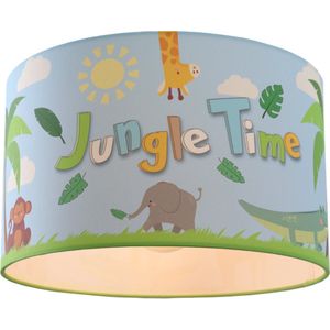 Olucia Jungle Time - Kinderkamer plafondlamp - Stof - Blauw - Cilinder - 30 cm
