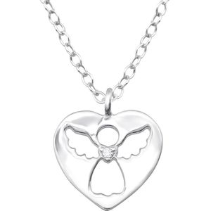 Joy|S - Zilveren hartje hanger met ketting 39 cm - engel met zirkonia - voor kinderen