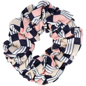 Haarsoires Haarelastiek Scrunchie – Blokkenprint – Gladde Stof – Zwart Wit Beige Roze - Haarkrinkel - Haar Elastiek met Stof - Zacht & Haarvriendelijk