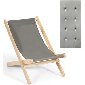 Ligstoel van hout, relaxstoel, inklapbaar, tot 150 kg belastbaar, strandstoel met kussen, tuinligstoel, zonnebed, strandstoel, vouwstoel voor tuin, balkon, strand, grijs