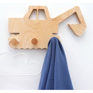 Kinderkapstok Graafmachine hout 3 knoppen jongenskamer verzonken ophanggleuven 9mm dik kinderkamer