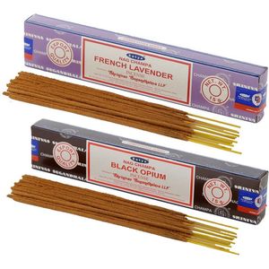 Satya Wierook cadeaus set - 2x geurstokjes - Lavendel en Zwarte Opium geur - Meditatie