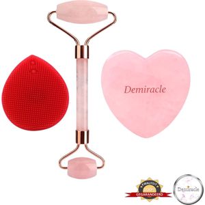 Demiracle® Face Roller & Gua Sha Love Bundle met Rode Siliconen Gezichtsborstel – Face Rollers – Rose Quartz – Gezichtsmassage – Massagetools – Massage - Ontspanning – Kwaliteit