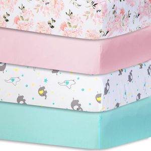 Hoeslaken voor babybedden, kinderbed, 70 x 140 cm, 100% microvezel, Oeko-Tex Standard 100 gecertificeerd, bloemen, roze, olifant, zeeblauw, 4 stuks
