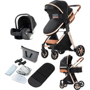 Kinderwagen - Wagen - Baby - 3 in 1 - Loopstoeltje - Wandelwagen - Tas - Zwart/goud