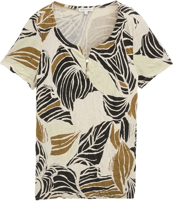TOM TAILOR Dames Crinkle T-shirt met patroon, 37999 - Neutraal Cut Leaves Design, XXL