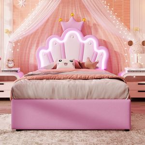 Pugsdrly Prinsessenbed Eenpersoons kinderbed met 2 lades 90x200 cm afstandsbedienbare sfeerverlichting verstelbaar hoofdeinde PU roze