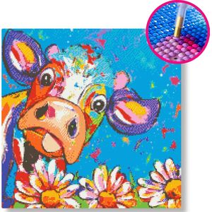 Gekke koe en bloemen | Diamond painting | 80x80cm | Vierkante steentjes | Op frame gespannen | Vrolijk Schilderij | Corrie Leushuis