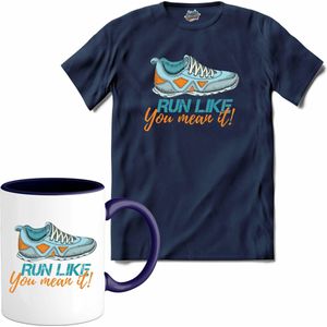 Run Like You Mean It | Hardlopen - Rennen - Sporten - T-Shirt met mok - Unisex - Navy Blue - Maat XXL