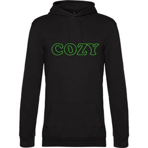 Hoodie - neon groen tekst COZY - ruimzittend - Large