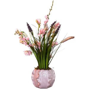 Seta Fiori - Zijden kunstbloemen- Zacht Roze Keramiek PTMD Pot met Kunstbloemen Grasboeket – 50 cm Hoog