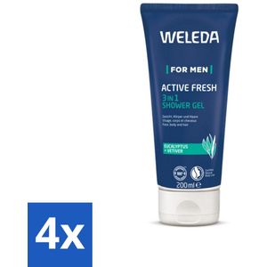 4 x WELEDA - Douchegel 3‑in‑1 Active Fresh Men - 200 ml - Douchegel - Mannen - 3-in-1 - Natuurlijke - Eucalyptus
