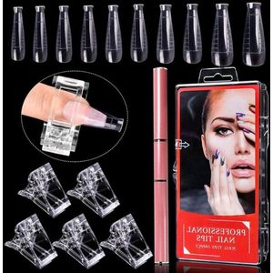 ByShane - Dual Nail Forms Set met T-vormige nagelvorm en Dual-Ended Gel Brush - 100 stuks met Roze UV-gel Acryl tips - Nail Extension Form Tips - Inclusief 5 stuks Nail Tips Clip