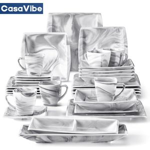 CasaVibe Luxe Serviesset – 32 delig – 6 persoons – Porselein - Bordenset – Dinner platen – Dessertborden - Marmer - Grijs - Wit - Kommen - Mokken - Set