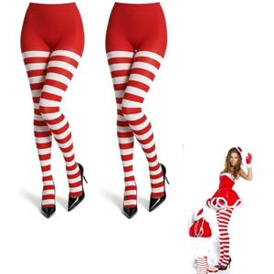 2 stuks - Kerstgestreepte damesleggings - Rood-wit gestreepte kousen - Legging met elfenmotief voor volwassenen - Lange overknee kousen - Gestreepte Halloween-leggings - Geschikt voor Halloween-cosplay, kerst-elfkostuums